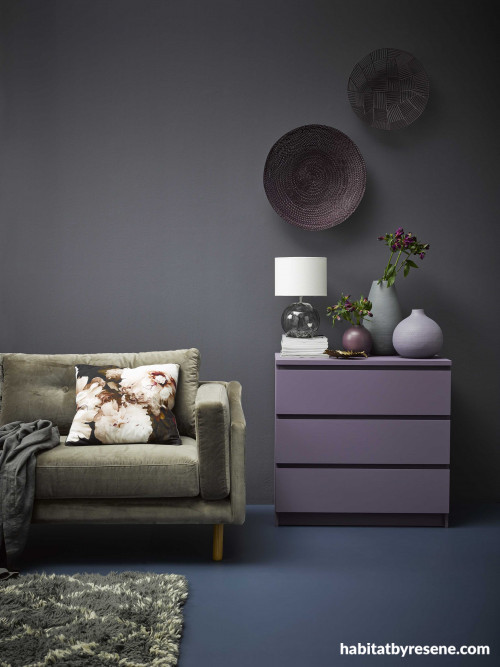 purple, black, living room, resene gun powder, lounge