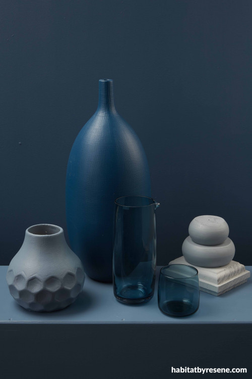 blue vase, table top, stormy blues, resene cello, resene seachange