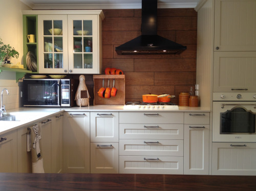 kitchen, neutrals, white kitchen, white cabinets, wood feature, vintage kitchen