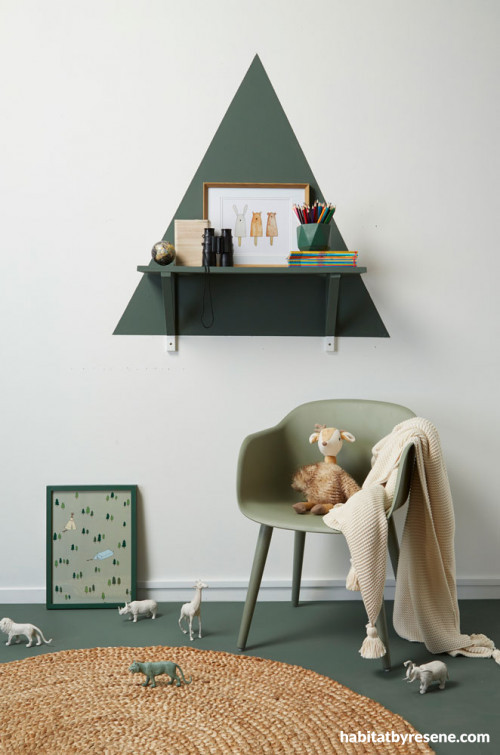 triangle shelf, feature wall, resene middle earth, kids diy, children, kids bedroom