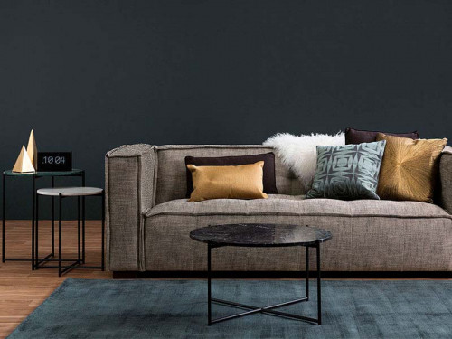 living room, lounge, nood furniture, dark grey paint, feature wall, grey couch