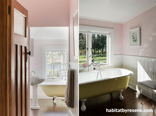 yellow bath tub, pink bathroom, heritage bathroom, pink bathroom inspiration, Resene 