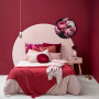bedroom, red bedroom, red and pink bedroom, red feature wall, circle painted bedhead 