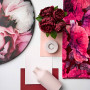 red and pink, mood board, flat lay, floral, vase, pink flowers