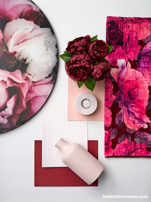 red and pink, mood board, flat lay, floral, vase, pink flowers
