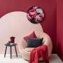 reading nook, red and pink, red wall, pink chair, feature wall, painted circle, circle wall