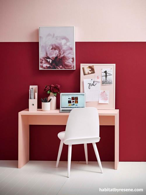 study, red and pink, red feature wall, red study, pink study, teenagers study 