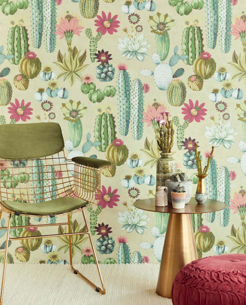 feature wall, patterned wallpaper, cactus wallpaper, green and pink, wallpaper feature wall