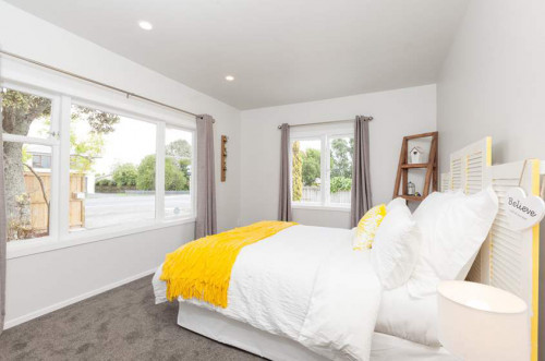 white bedroom, headboard ideas, upcycling shutters, yellow and white, white paint, diy headboard