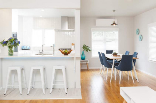 white kitchen, white dining room, white paint, timber floorboards, Resene Sea Fog