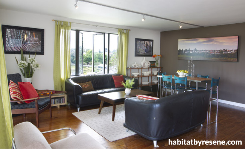 living room, lounge, brown dining room, feature wall, brown paint, white paint