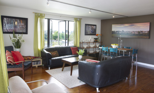 living room, lounge, brown dining room, feature wall, brown paint, white paint
