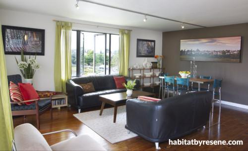 living room, lounge, brown dining room, feature wall, brown paint, white paint