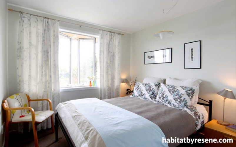 bedroom, neutral colours, pale green paint, green bedroom, interior