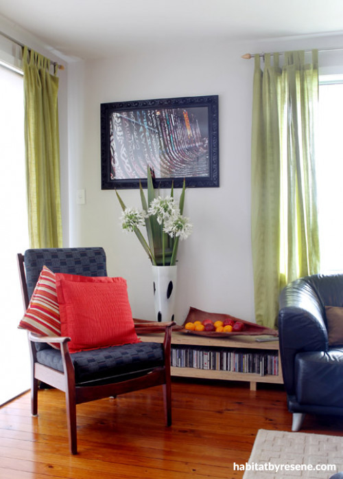 retro, lounge, living room, timber floors, white interior, white paint, upholstered chair