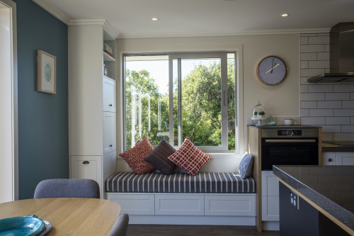 1970s house, paint ideas, paint trends, white, window seat