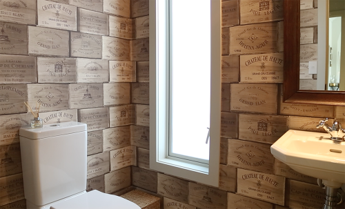 bathroom, wallpaper, wine boxes wallpaper, brown wallpaper, neutrals, patterned wallpaper