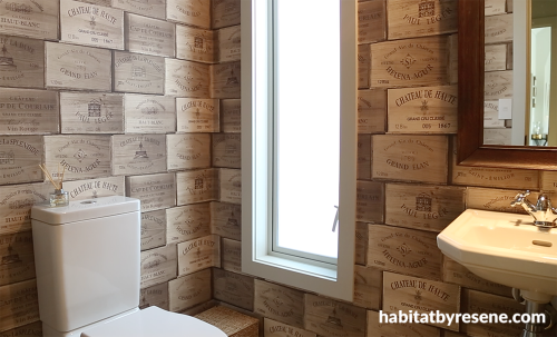 bathroom, wallpaper, wine boxes wallpaper, brown wallpaper, neutrals, patterned wallpaper 