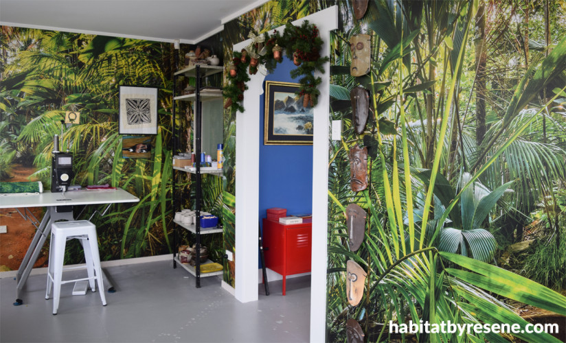 study, rainforest room, rainforest inspired, rainforest wallpaper, rainforest feature, home office
