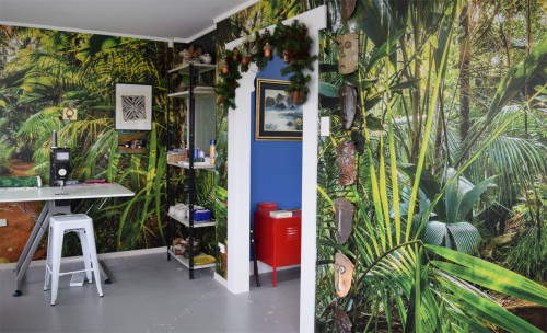 study, rainforest room, rainforest inspired, rainforest wallpaper, rainforest feature, home office