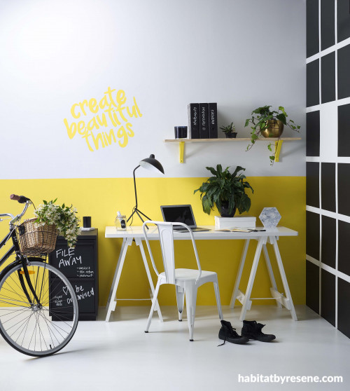 office, study, yellow study, yellow office, blackboard wall, blackboard paint, black and yellow