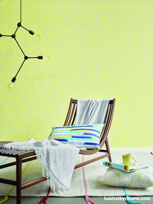 deck chair, summer inspired, yellow wallpaper, yellow interior, beach inspired 