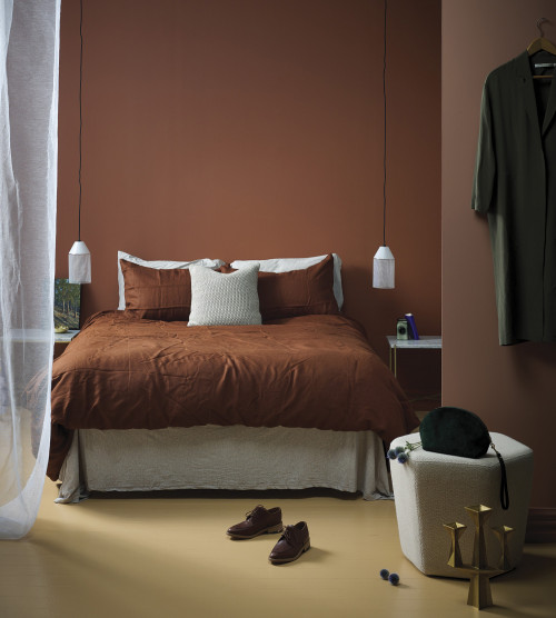 cosy bedroom, bedroom decor, trendy interiors, brown bedroom, terracotta