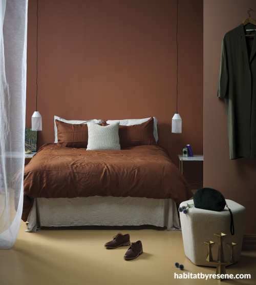 cosy bedroom, bedroom decor, trendy interiors, brown bedroom, terracotta 