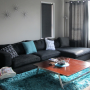 lounge decor, living room style, neutrals, charcoal, modern interiors, turquoise, accent colour