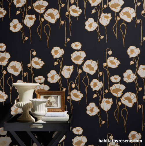 luxury wallpaper, poppies, gold, black, retro wallpaper