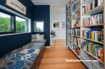 library, blue interiors, reading nook, bookshelves, window seat, paint ideas