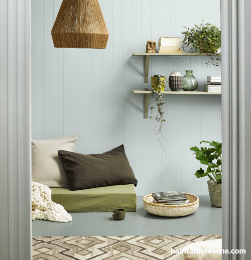khaki, green, duck egg blue, reading nook, small spaces, interior trends, paint ideas
