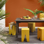 alfresco, outdoor dining, tropical courtyard, orange, yellow