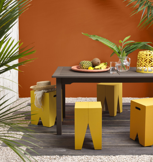 alfresco, outdoor dining, tropical courtyard, orange, yellow