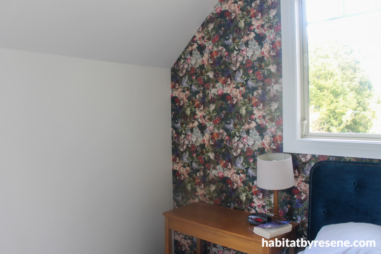 Floral Wallpaper, Velvet Headboard, Floral Bedroom, Resene Paint