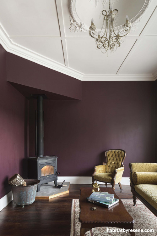 Resene Cab Sav Burgundy living room white ceiling fireplace 