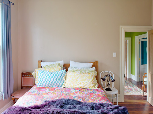 guest bedroom, guest room inspiration, decorating with white, white walls, colourful textiles, Resene