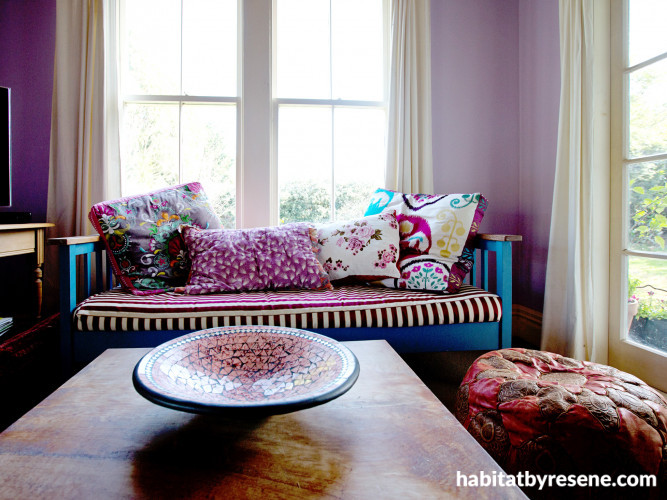 purple living room, living room inspiration, decorating with purple, white trims, decorating, Resene