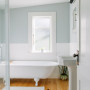 tongue and groove wall, heritage bathroom, claw foot bath, bathroom inspiration, blue bathroom, Resene