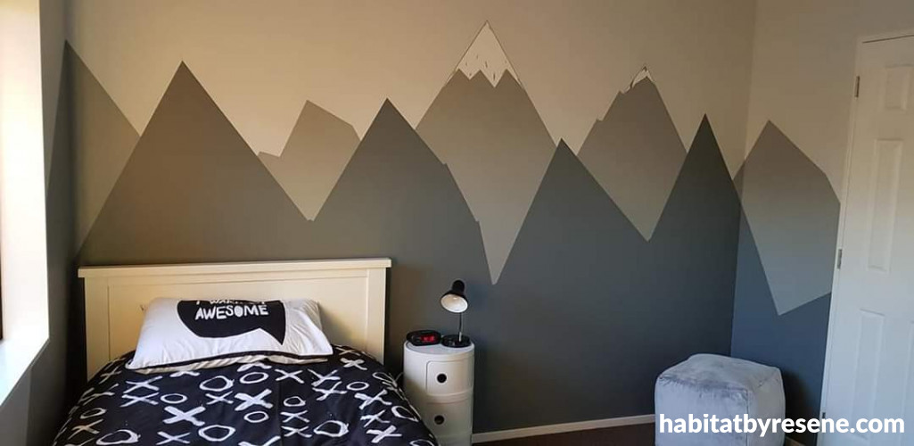 Alpine Mural, Grey Paint, Mountain Mural, Boys Bedroom, Resene Paint