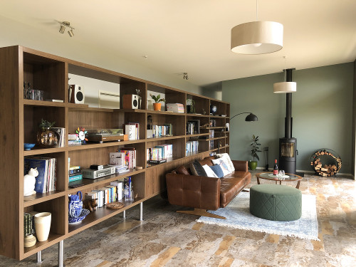Retro Home, Green Interiors, Bookshelf Wall, Smoky Green