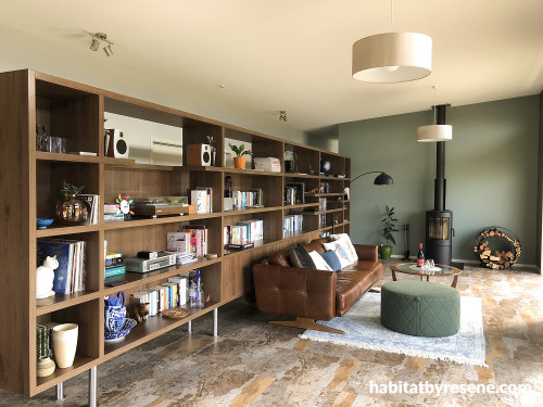 Retro Home, Green Interiors, Bookshelf Wall, Smoky Green