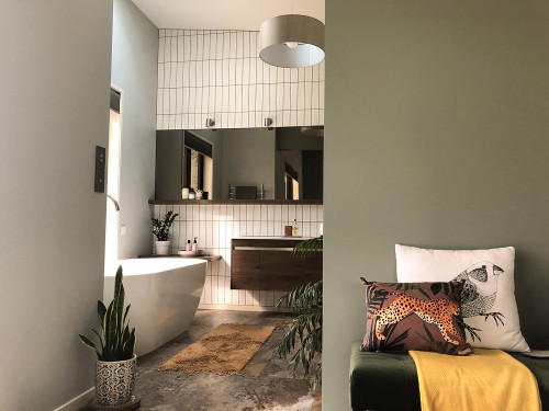 Retro Bathroom, Green Bathroom, Subway Tiles, Feature Wall
