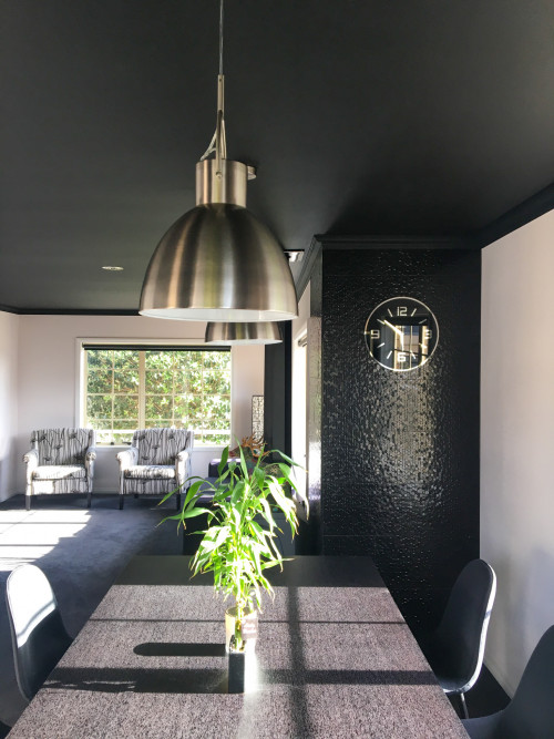 Black Ceiling, Dining Area, Greyscale Room, Metallics, Monochrome House