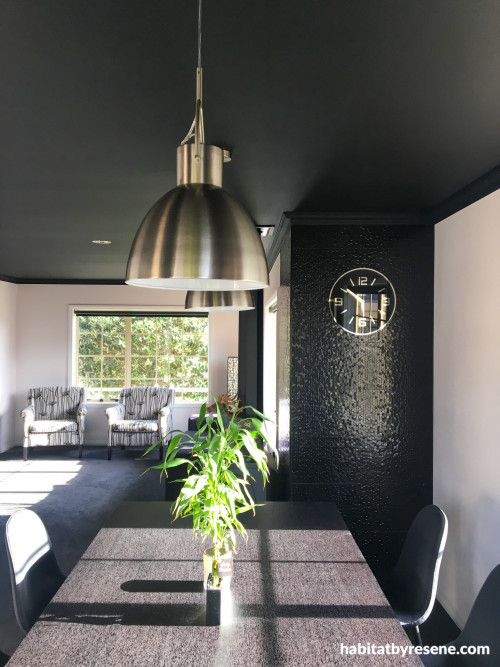 Black Ceiling, Dining Area, Greyscale Room, Metallics, Monochrome House