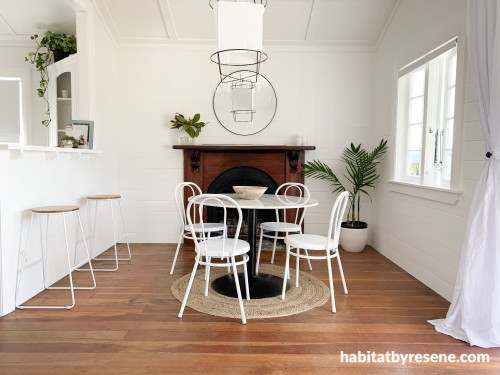 dining room inspiration, white dining room, white walls, white and timber, wooden floors, Resene 