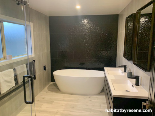 Monochrome Bathroom, Black and White, Black Tiles, Modern Bathroom, Metallics