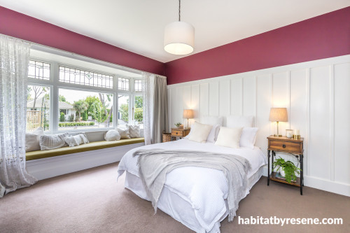 master bedroom, master bedroom inspiration, berry red bedroom, berry and white bedroom, Resene 