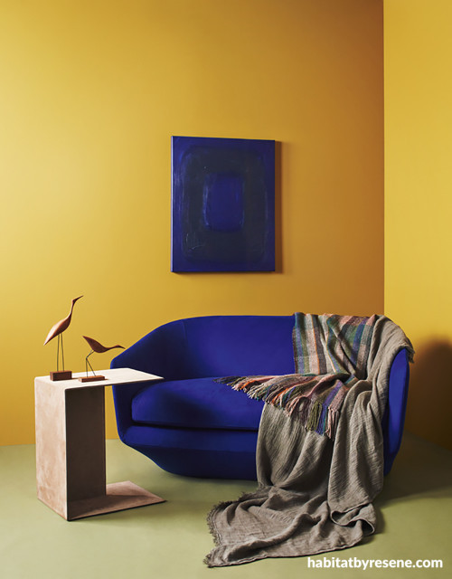 Yellow Interior, Yellow Room, Statement Room, Blue Sofa