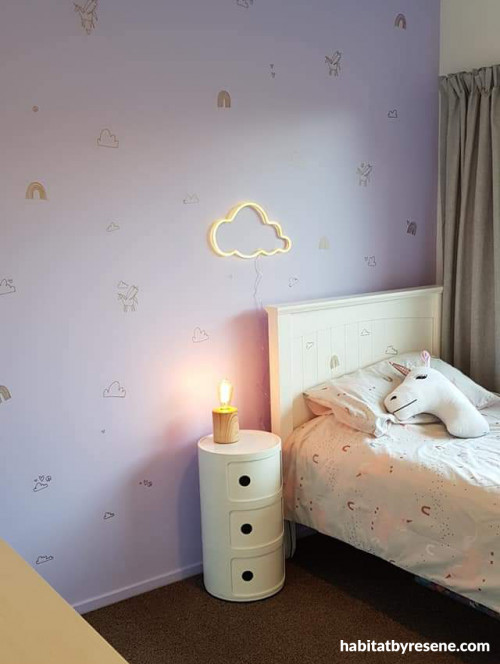 Kids Bedroom, Unicorn, Purple Paint, Purple Bedroom, metallic gold decals, Resene